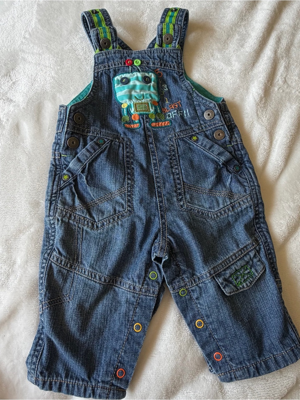 Marks & Spencer Denimt Overalls with Robot Patch and Bright Trim